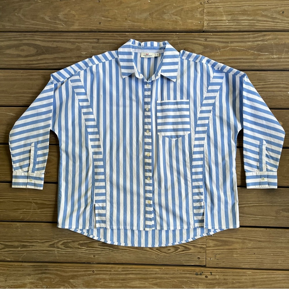 NWT Vineyard Vines Womens Blue & White Striped Weekend Button Down Shirt Size 12